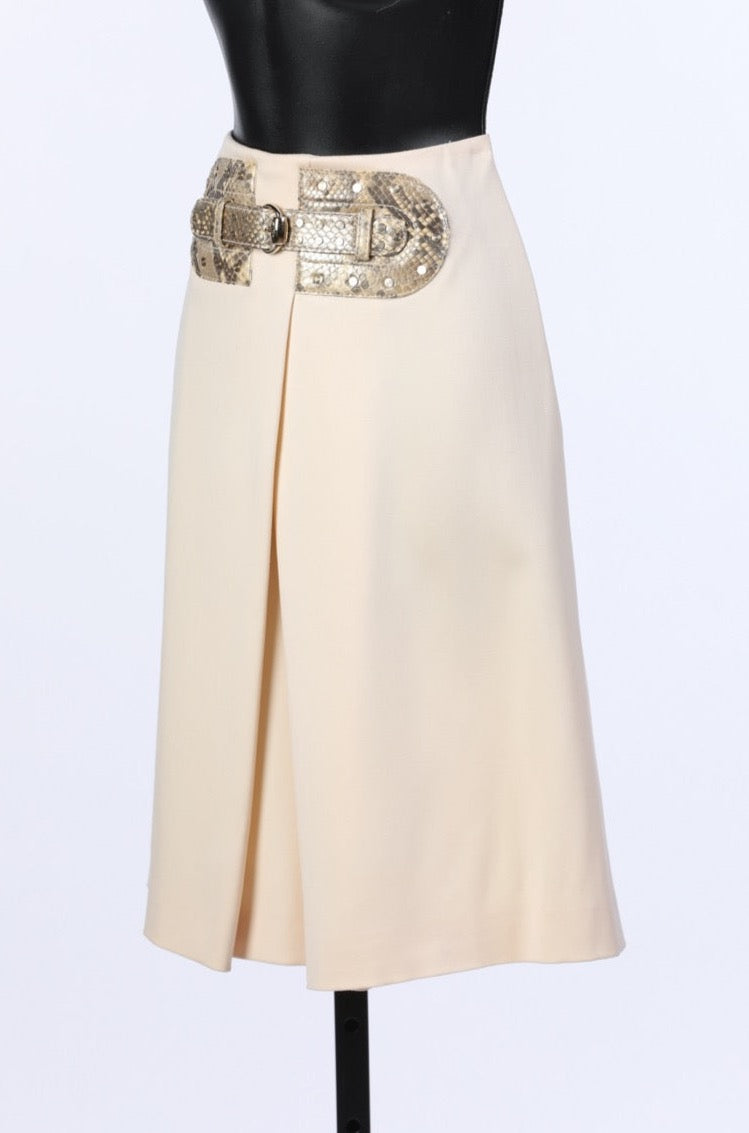 Gucci Cream Knee-Length Skirt With Snakeskin Front Buckle
