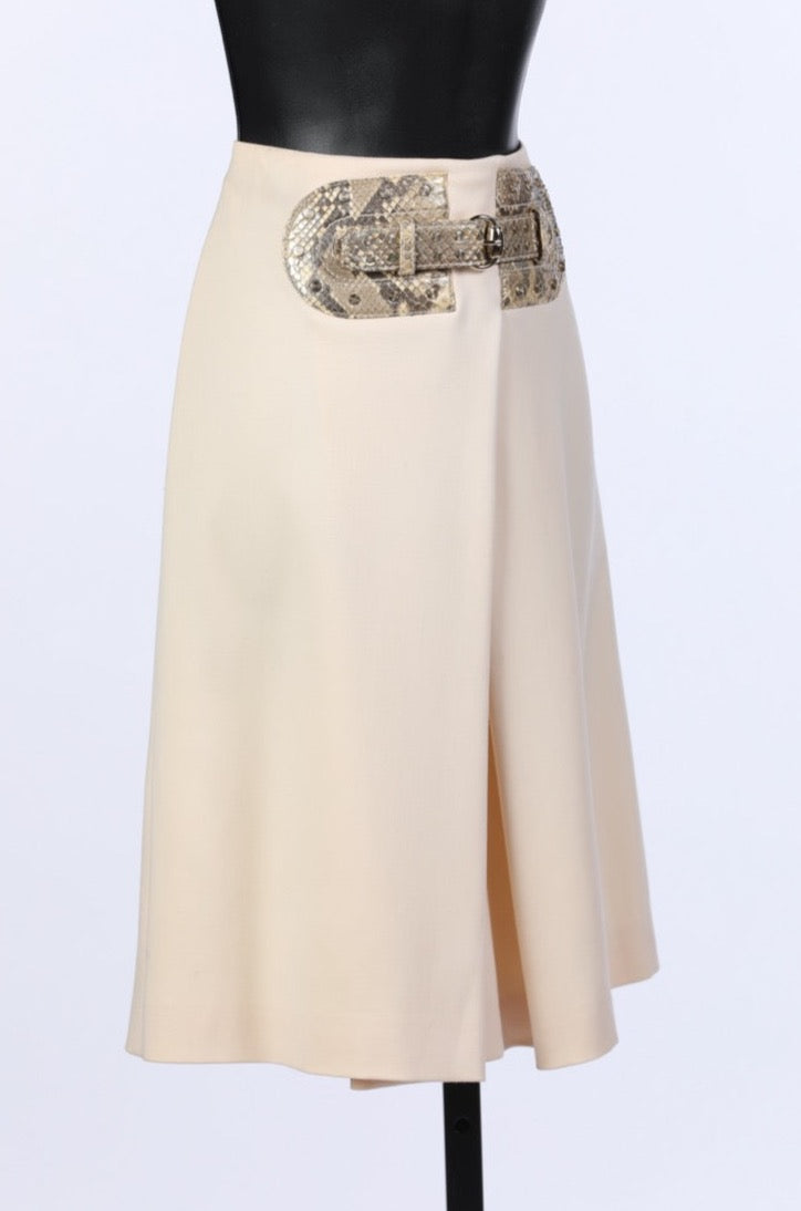 Gucci Cream Knee-Length Skirt With Snakeskin Front Buckle