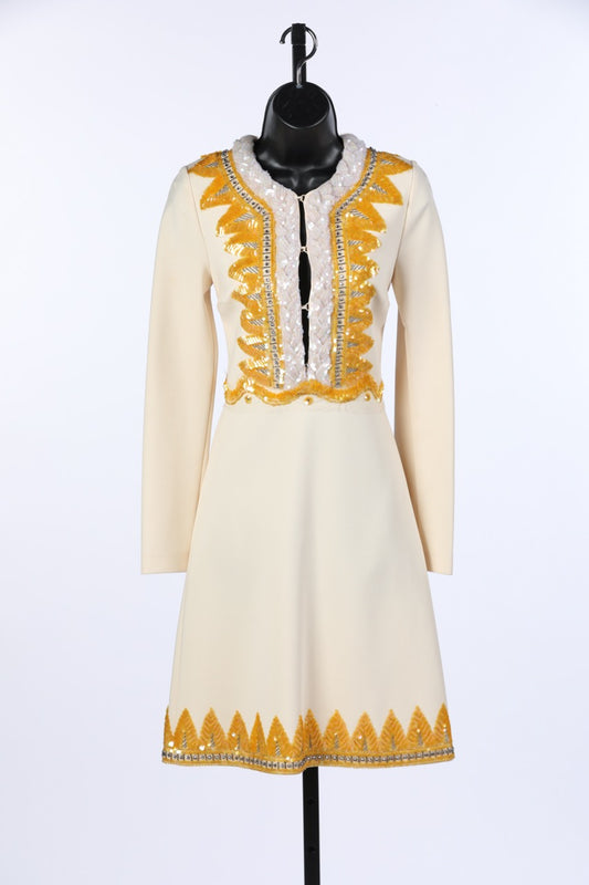 Gucci Cream w Yellow Crystal Embellished Tri-Clasp Long Sleeve Dress NWT