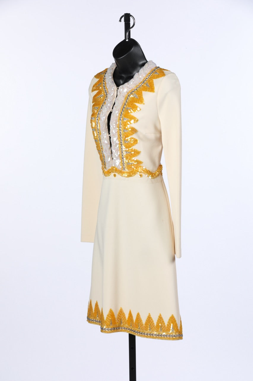 Gucci Cream w Yellow Crystal Embellished Tri-Clasp Long Sleeve Dress NWT