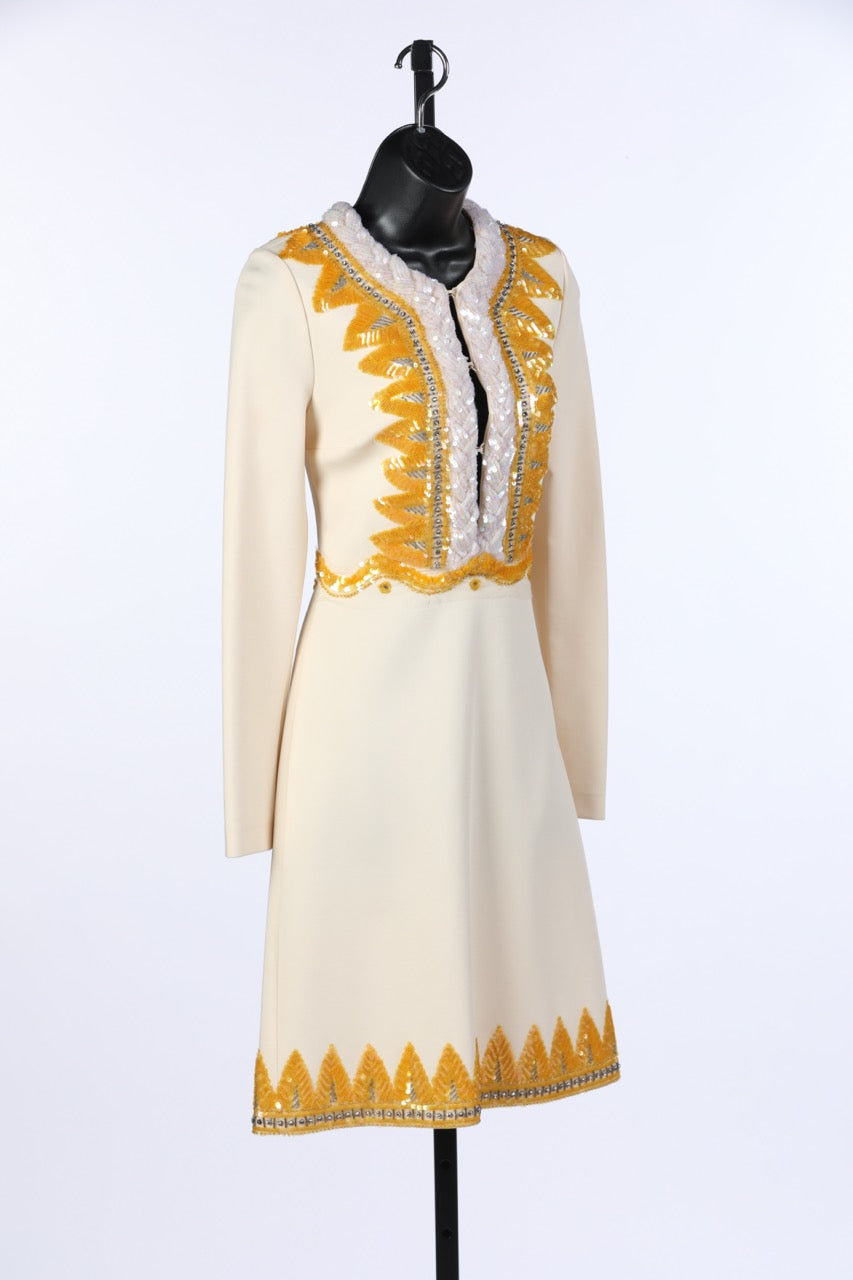 Gucci Cream w Yellow Crystal Embellished Tri-Clasp Long Sleeve Dress NWT
