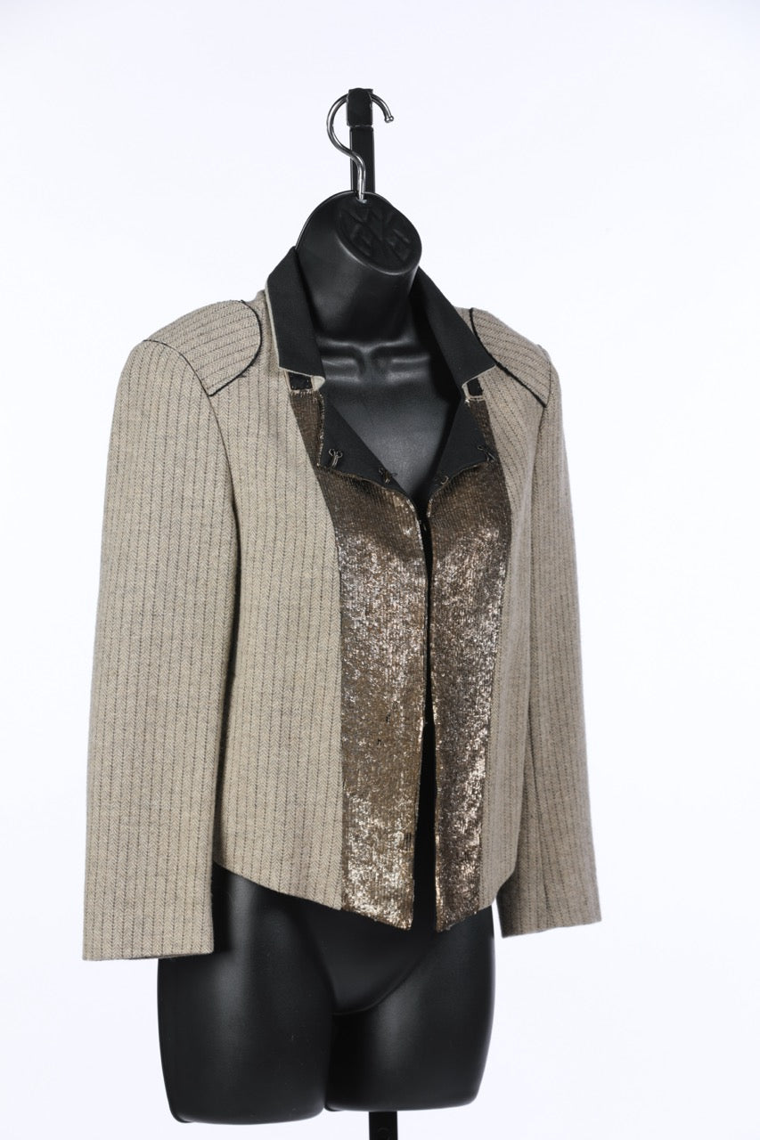 Chloe Tan, Black & Gold Wool Tweed Sequin Embellished Pinstriped Jacket