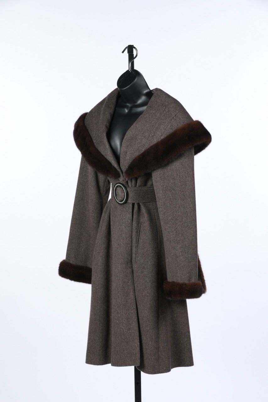 Loro Piana Brown Cashmere/Wool Shawl Collar Full-Length Coat w Fur Trim & Belt