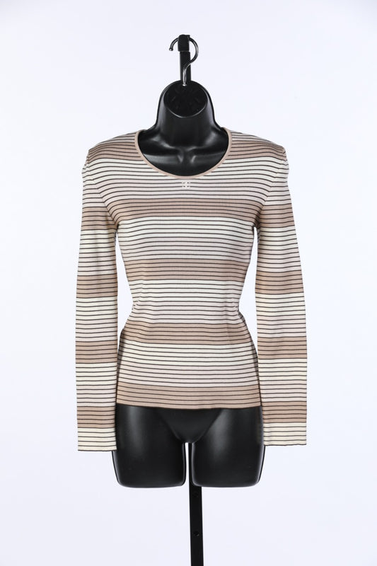 Chanel Multi Color Beige Stripe Long Sleeve Top w Embroidered CC Logo