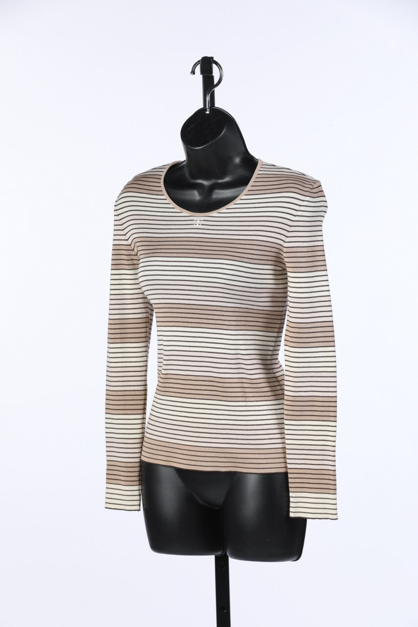 Chanel Multi Color Beige Stripe Long Sleeve Top w Embroidered CC Logo