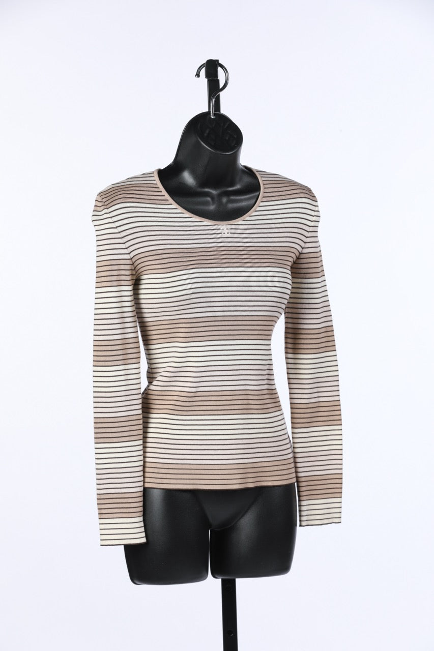 Chanel Multi Color Beige Stripe Long Sleeve Top w Embroidered CC Logo