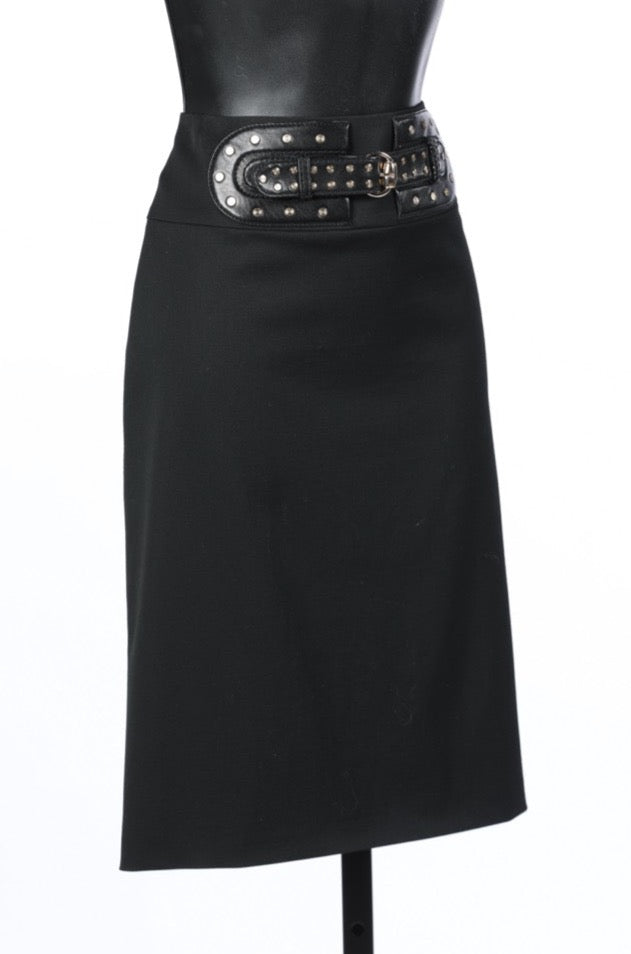 Gucci Black Knee-Length Front Buckle Skirt w Studs