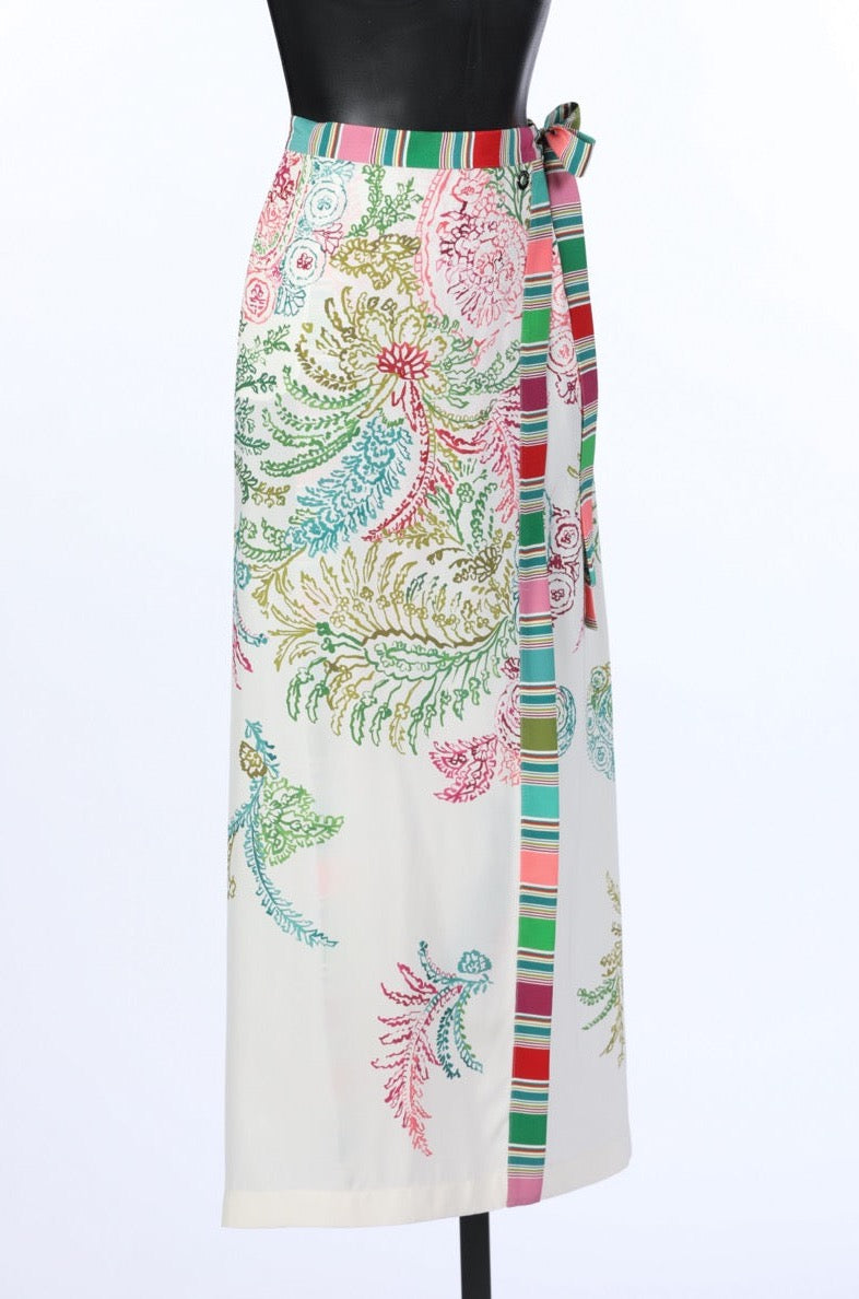 Loro Piana White & Multicolor Abstract Floral Silk Midi Skirt