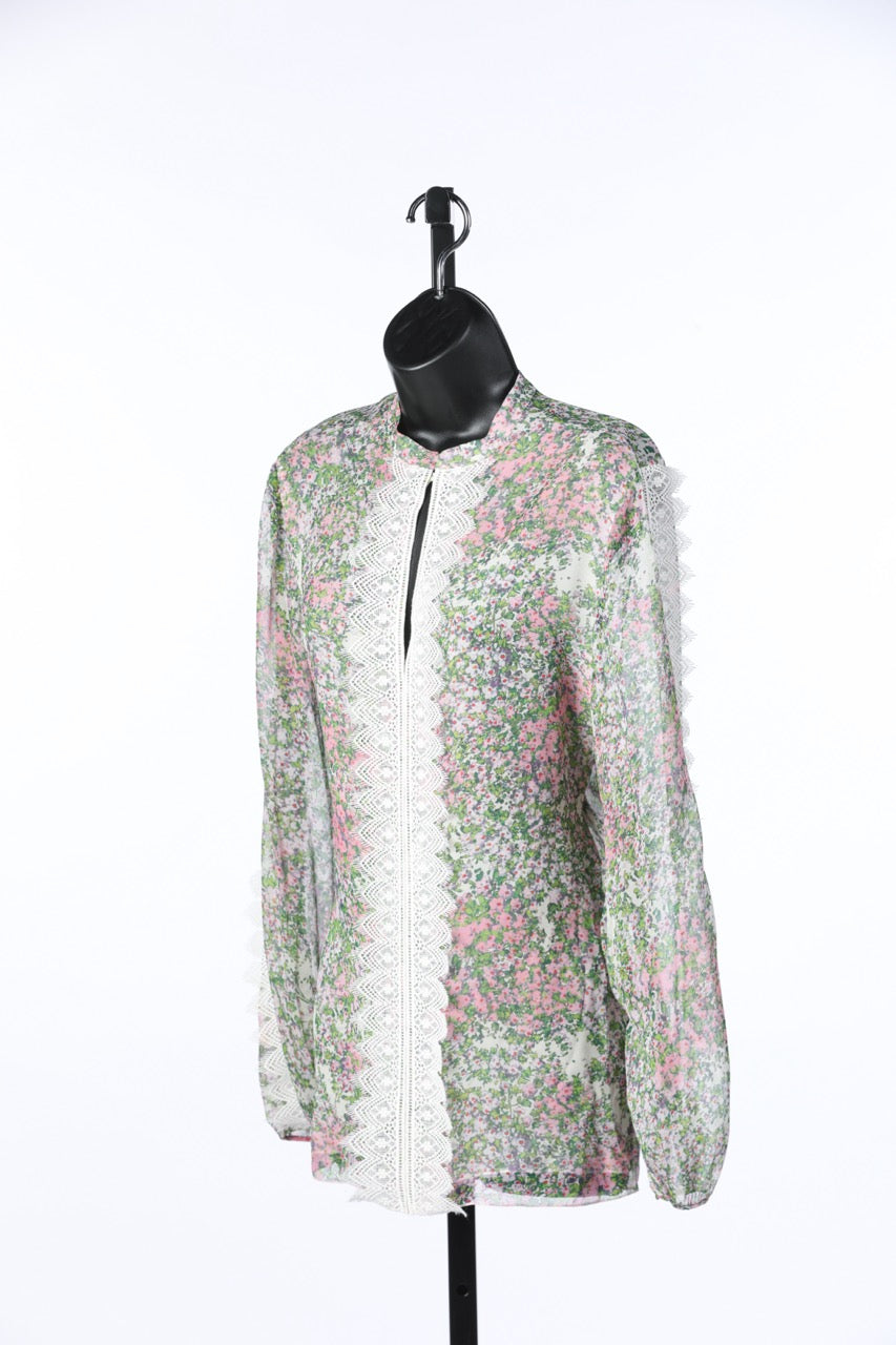 Giambattista Valli Green & Pink Floral Silk Blouse w Lace Detailing