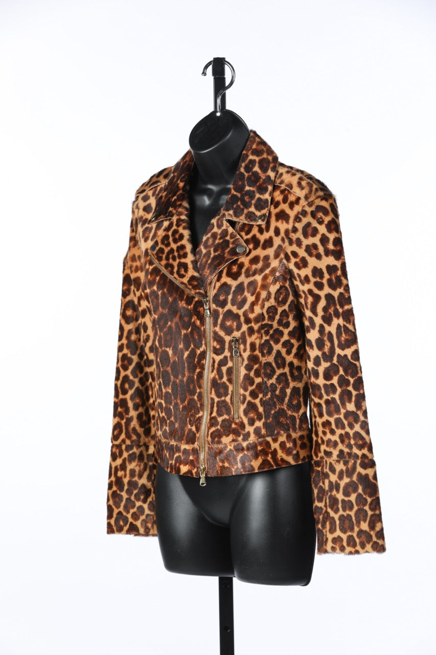 L'Agence Calf Hair Leopard Print Moto Jacket