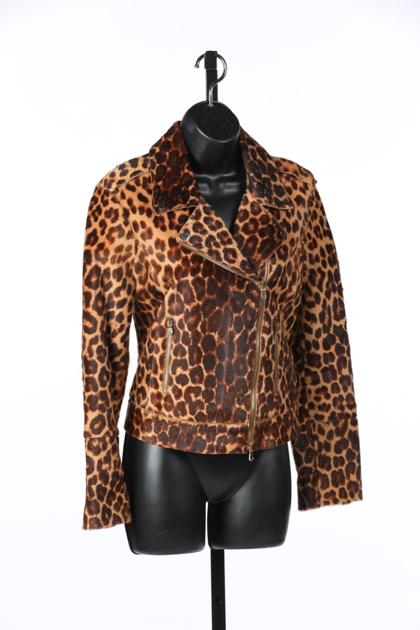 L'Agence Calf Hair Leopard Print Moto Jacket