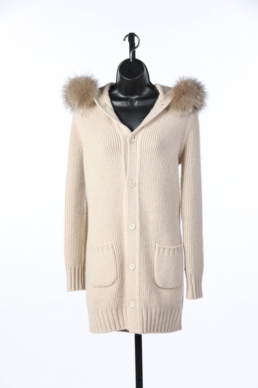 Loro Piana Cream Cashmere w/ Fox Trimmed Hood Cardigan Sweater