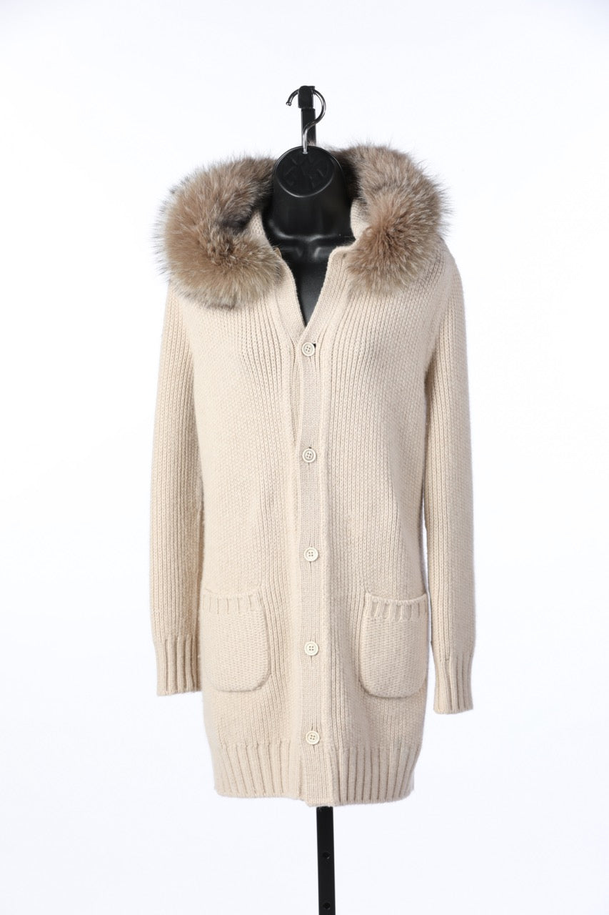Loro Piana Cream Cashmere w/ Fox Trimmed Hood Cardigan Sweater