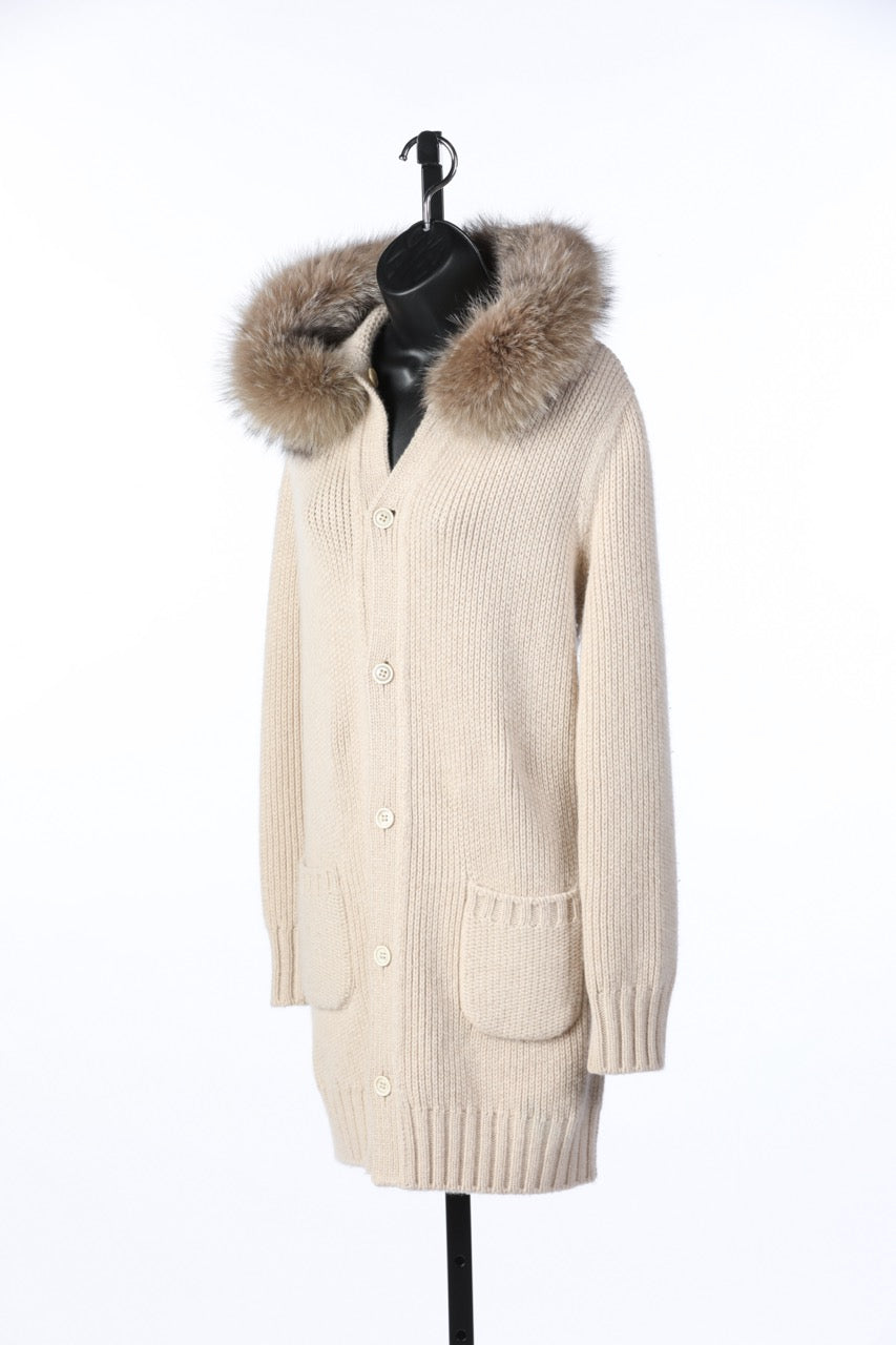 Loro Piana Cream Cashmere w/ Fox Trimmed Hood Cardigan Sweater