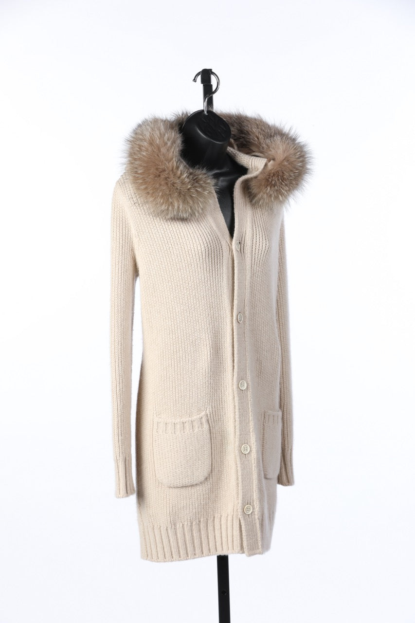 Loro Piana Cream Cashmere w/ Fox Trimmed Hood Cardigan Sweater