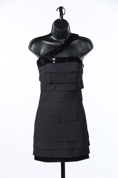 Roberto Cavalli Black Tiered Asymmetrical Cross Strap Mini Dress w Sequin Hem