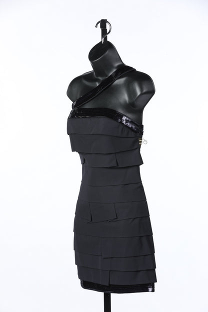 Roberto Cavalli Black Tiered Asymmetrical Cross Strap Mini Dress w Sequin Hem