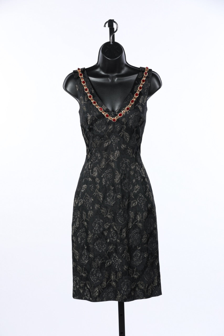 Dolce & Gabbana Black & Gold Floral Pattern Sleeveless Mini Dress w Gold/Red Jewels on Neckline