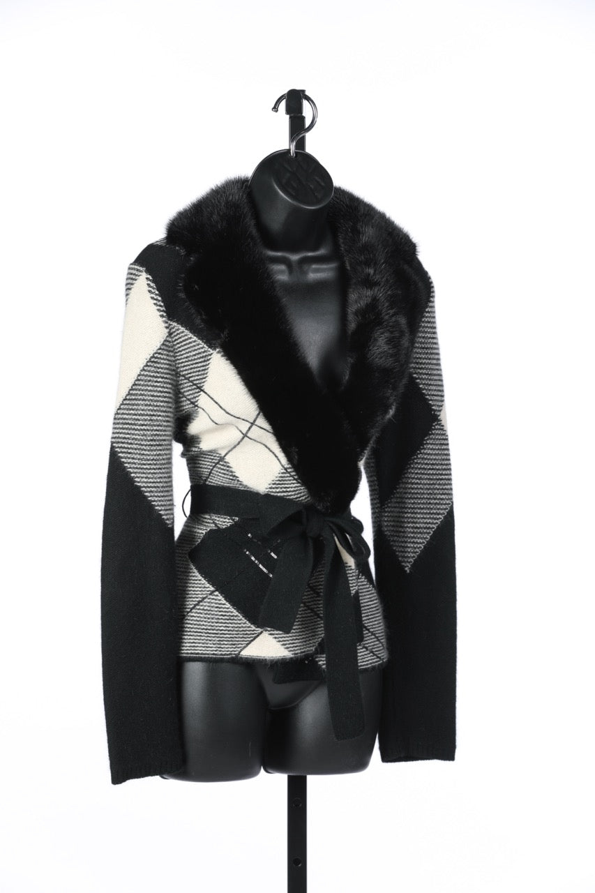 (KITS HOUSE) Valentino Black & White Plaid Fur Collar Tie Waist Sweater w Sequin Details