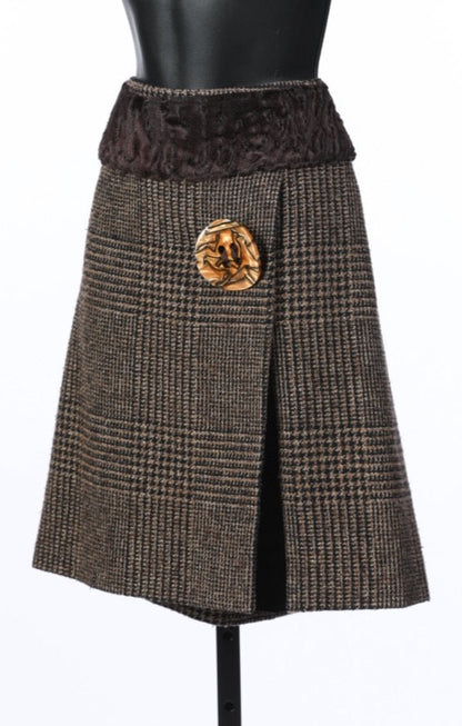 Dolce & Gabbana Brown Houndstooth Print Knee-Length Skirt w Giant Button Detail