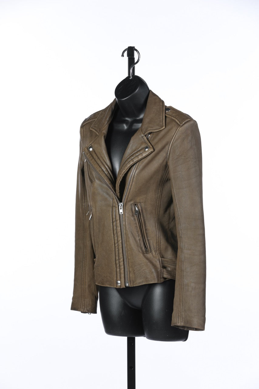 IRO Olive Green Distressed Leather Jacket w Multi Zips & Silver Details