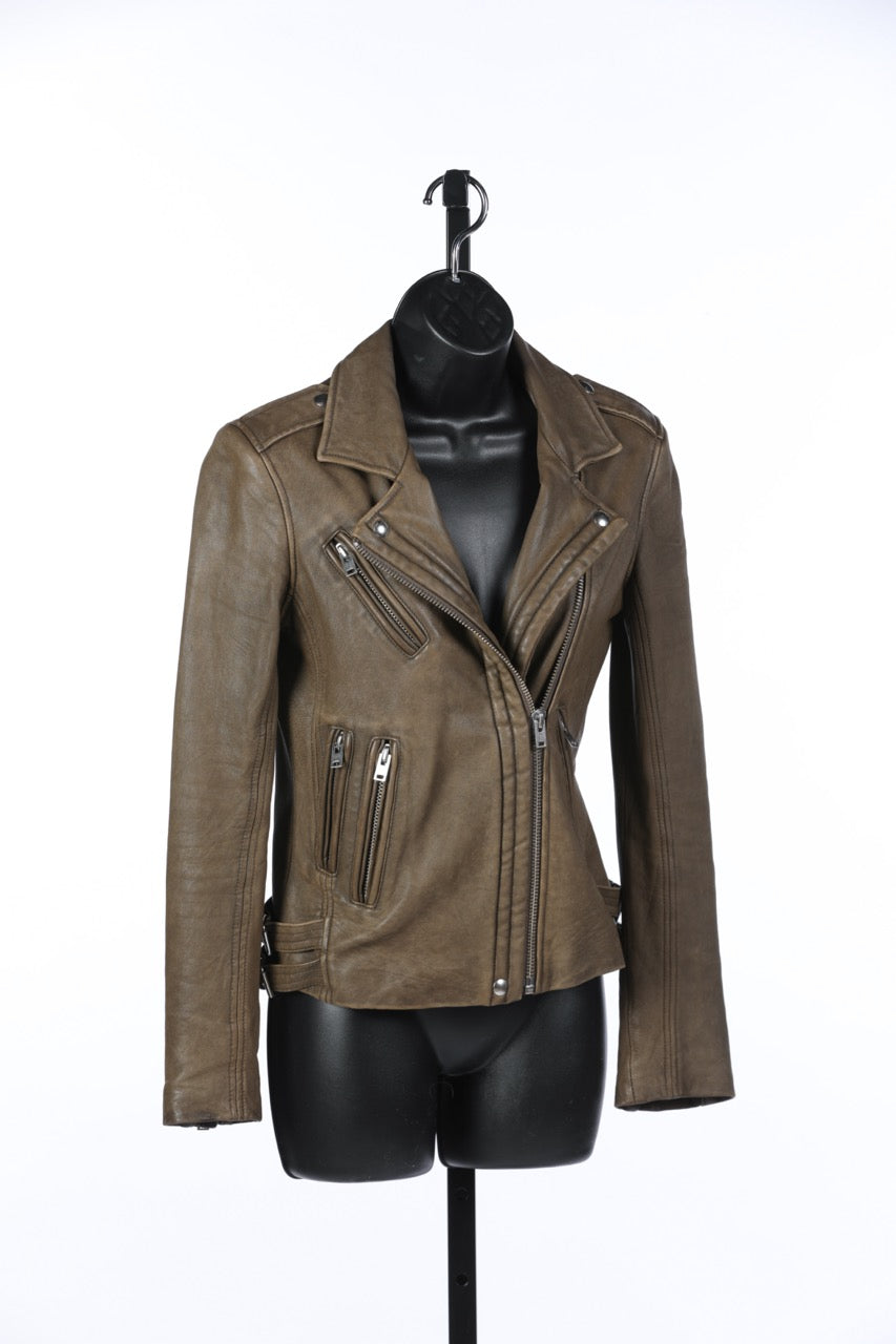 IRO Olive Green Distressed Leather Jacket w Multi Zips & Silver Details