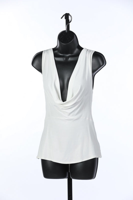 Valentino Cream Sleeveless Cowl Neck Top w Sheer & Beaded Back Overlay