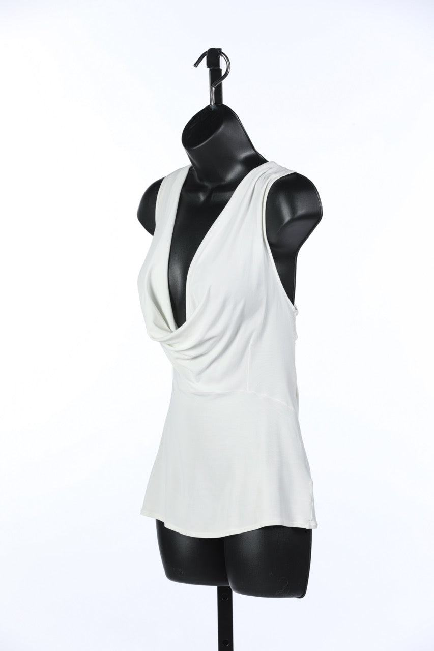Valentino Cream Sleeveless Cowl Neck Top w Sheer & Beaded Back Overlay