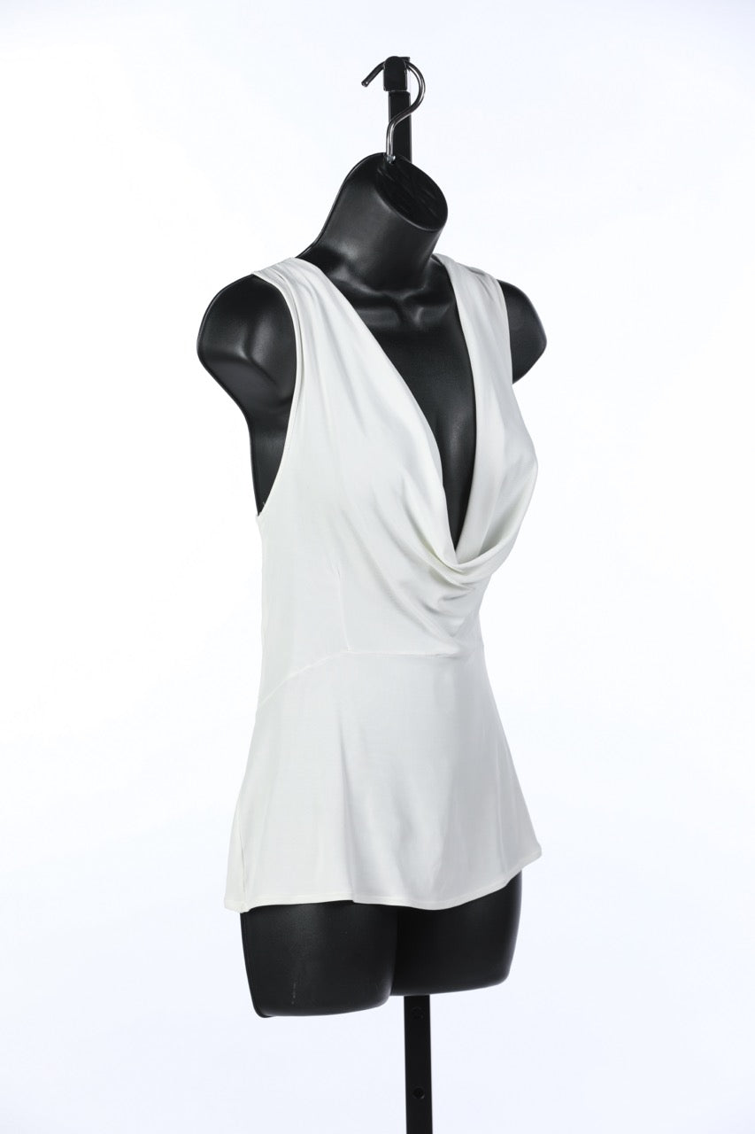 Valentino Cream Sleeveless Cowl Neck Top w Sheer & Beaded Back Overlay