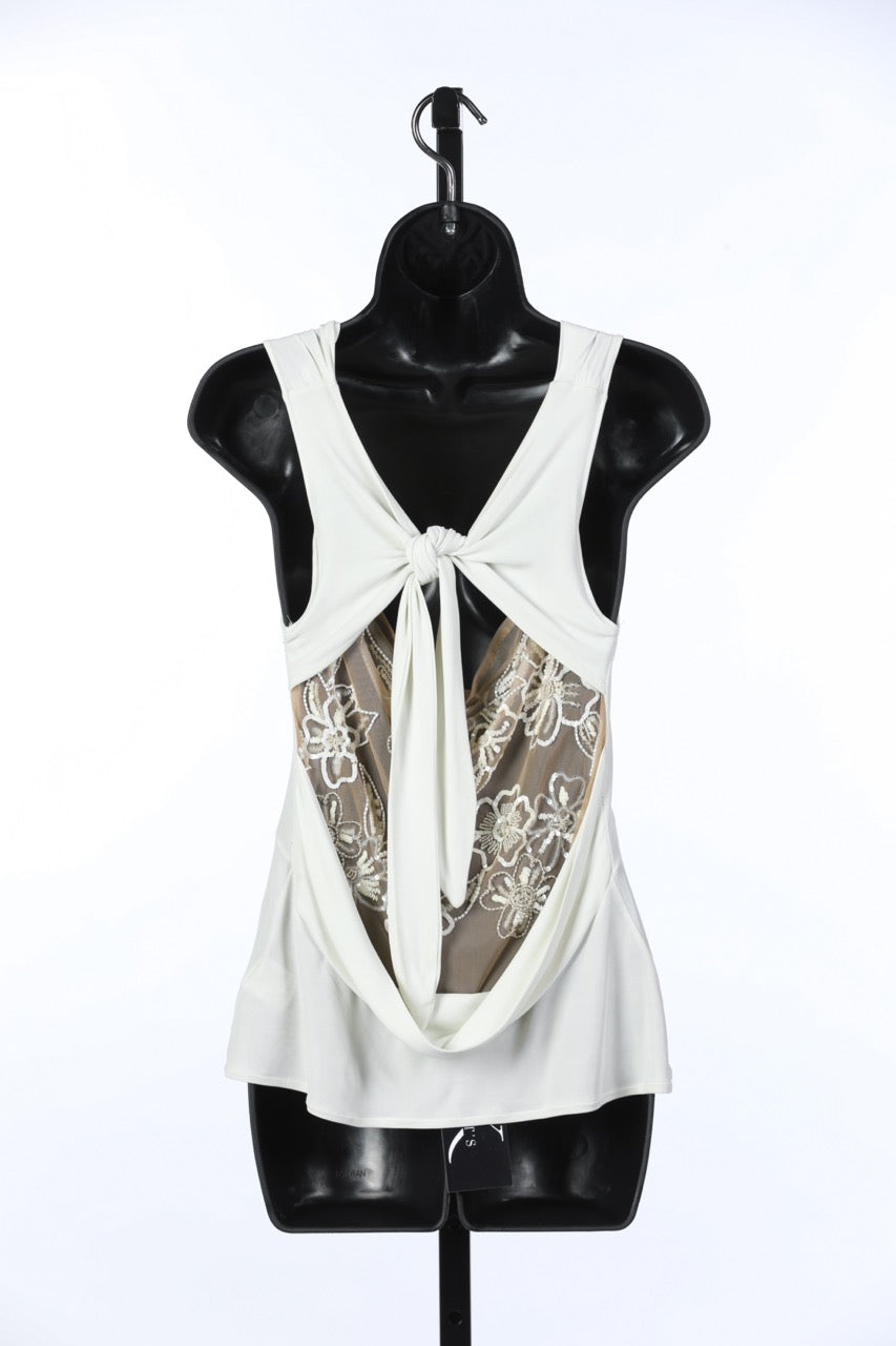 Valentino Cream Sleeveless Cowl Neck Top w Sheer & Beaded Back Overlay