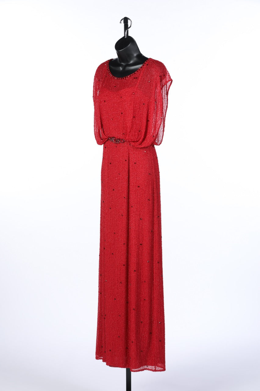 Jenny Packham Red Silk Gown w/ Beaded Overlay