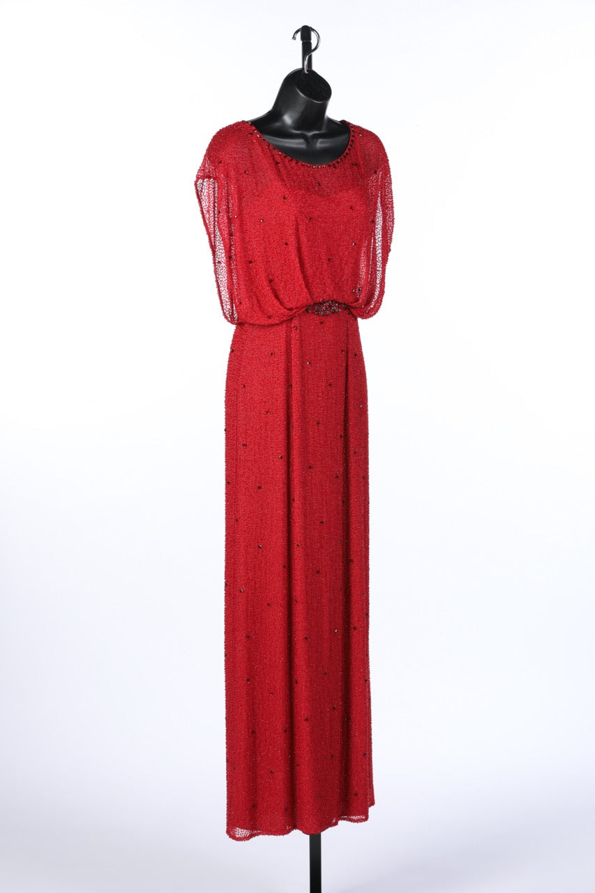 Jenny Packham Red Silk Gown w/ Beaded Overlay