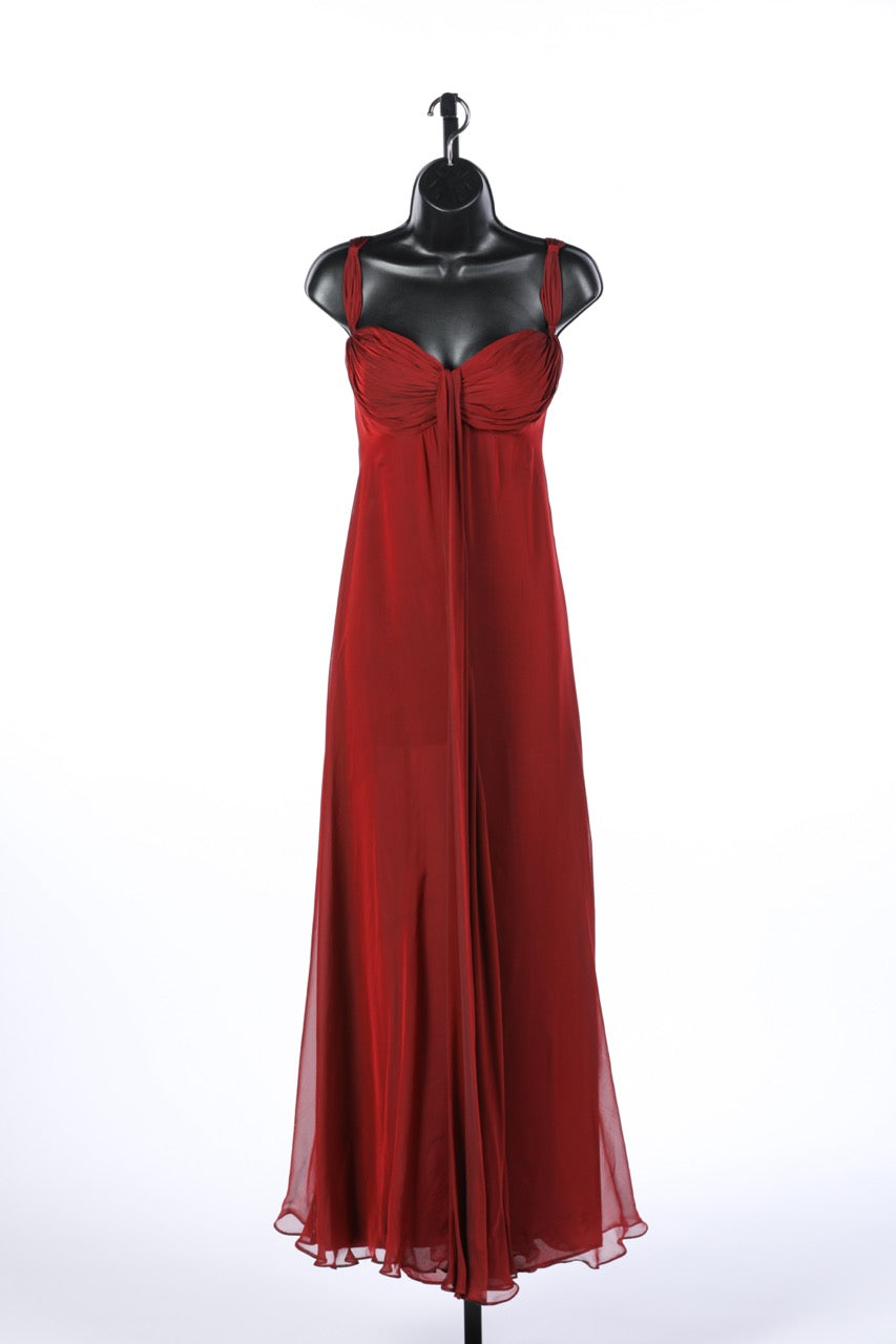 Badgley Mischka Silk Red Sleeveless Full Length Evening Gown w Chiffon Layers