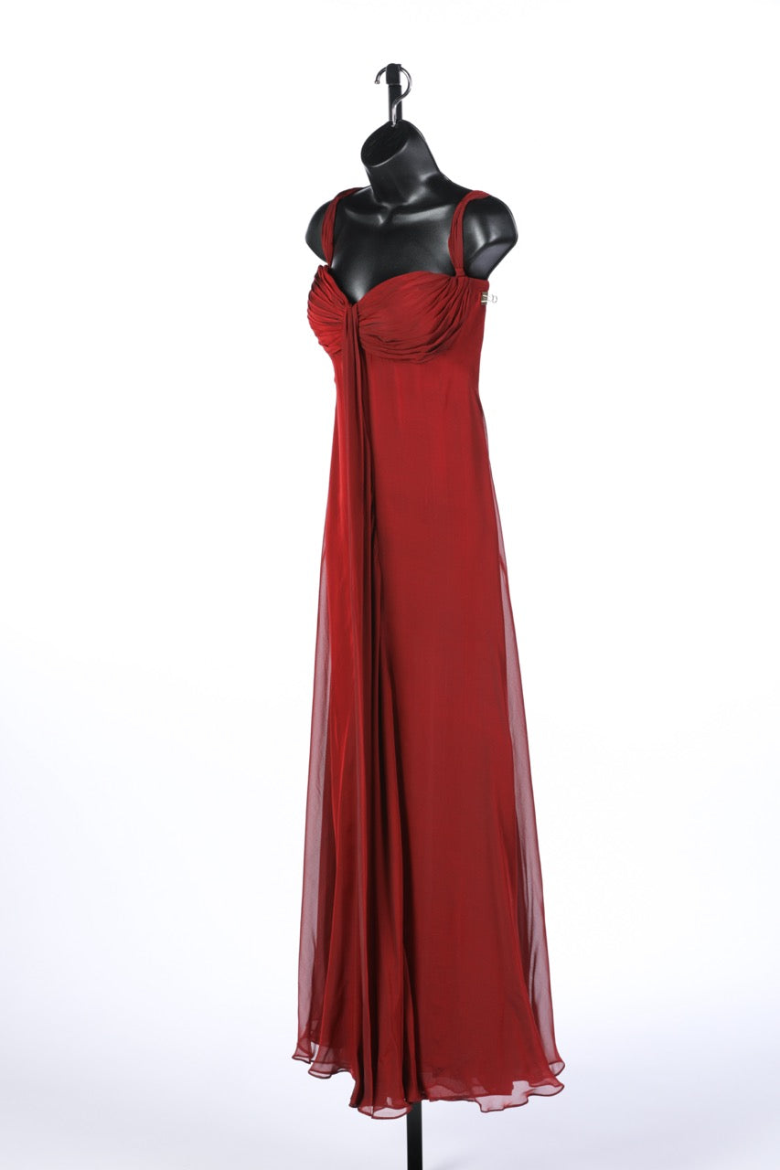 Badgley Mischka Silk Red Sleeveless Full Length Evening Gown w Chiffon Layers