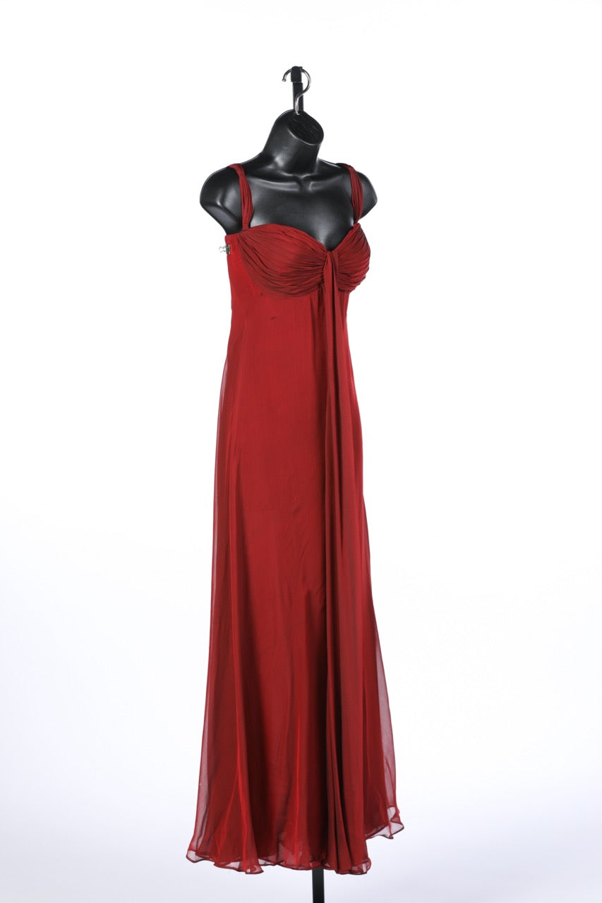 Badgley Mischka Silk Red Sleeveless Full Length Evening Gown w Chiffon Layers