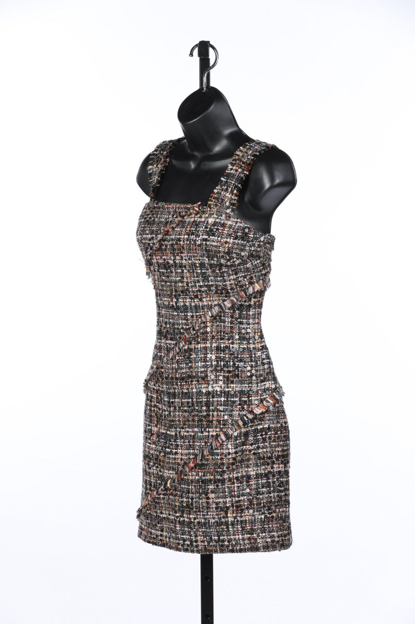 Ramy Brook Multi-Brown Tweed Dress w/ Flower Sequins & Removable Straps