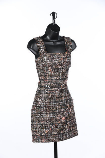 Ramy Brook Multi-Brown Tweed Dress w/ Flower Sequins & Removable Straps