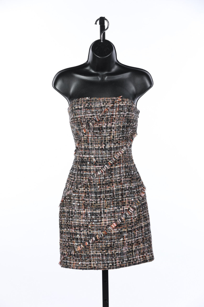 Ramy Brook Multi-Brown Tweed Dress w/ Flower Sequins & Removable Straps