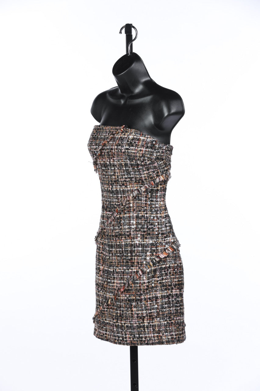 Ramy Brook Multi-Brown Tweed Dress w/ Flower Sequins & Removable Straps