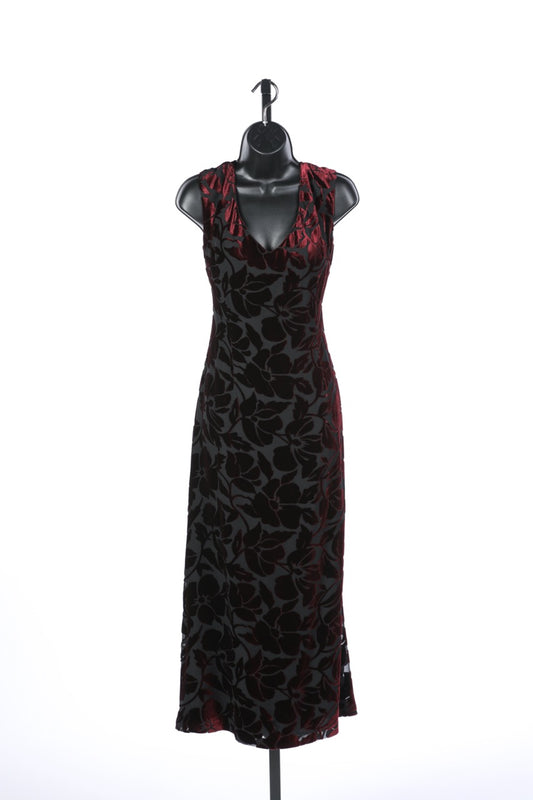 (FALL HOLD) St John Black & Burgundy Silk & Velvet Floral "Burnout" Sleeveless Midi Dress