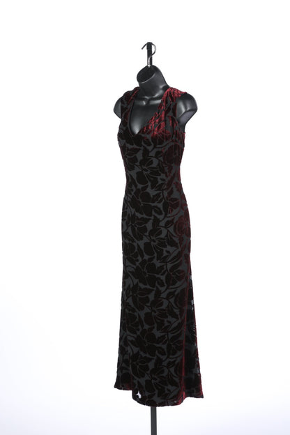 (FALL HOLD) St John Black & Burgundy Silk & Velvet Floral "Burnout" Sleeveless Midi Dress