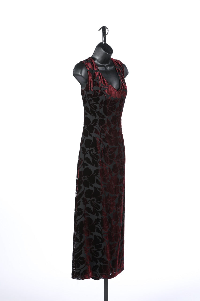 (FALL HOLD) St John Black & Burgundy Silk & Velvet Floral "Burnout" Sleeveless Midi Dress