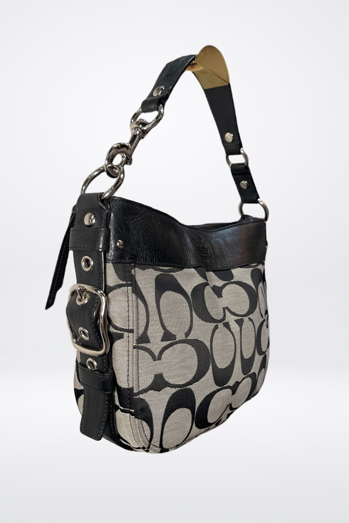 Coach Canvas Signature Logo, Black & Grey Over the Shoulder Handbag