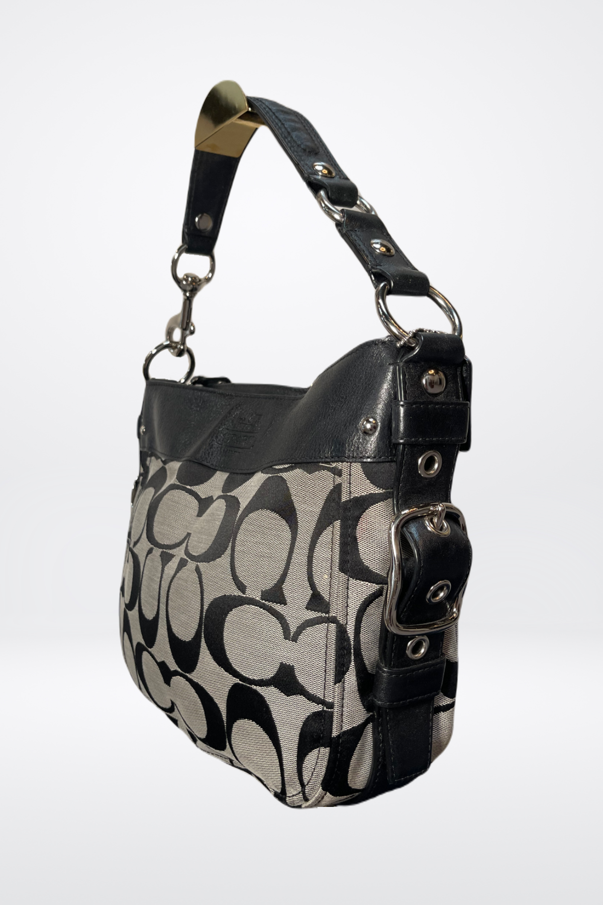 Coach Canvas Signature Logo, Black & Grey Over the Shoulder Handbag
