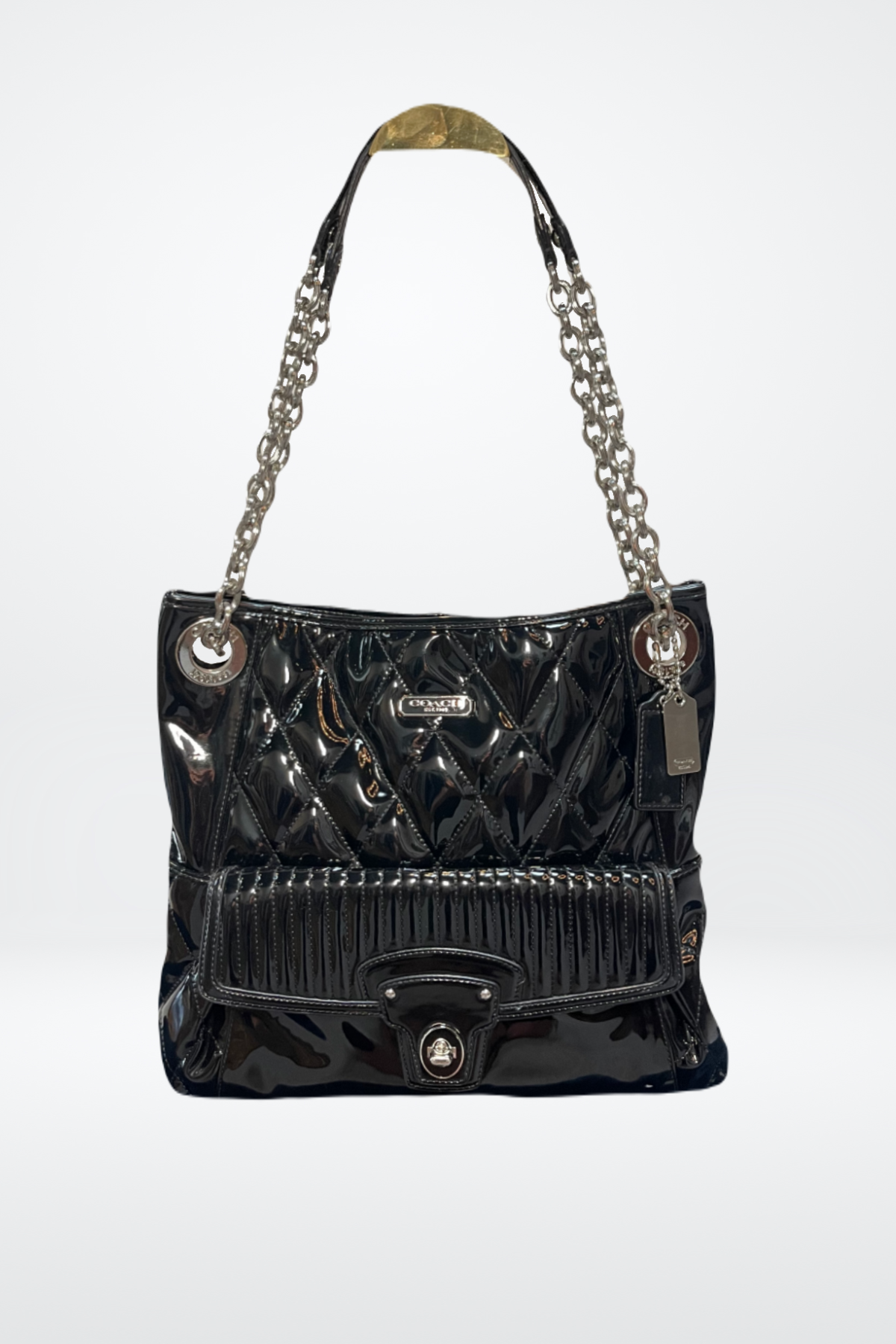Coach Black Patent Leather Shoulder Bag, Front Pouch w Buckle