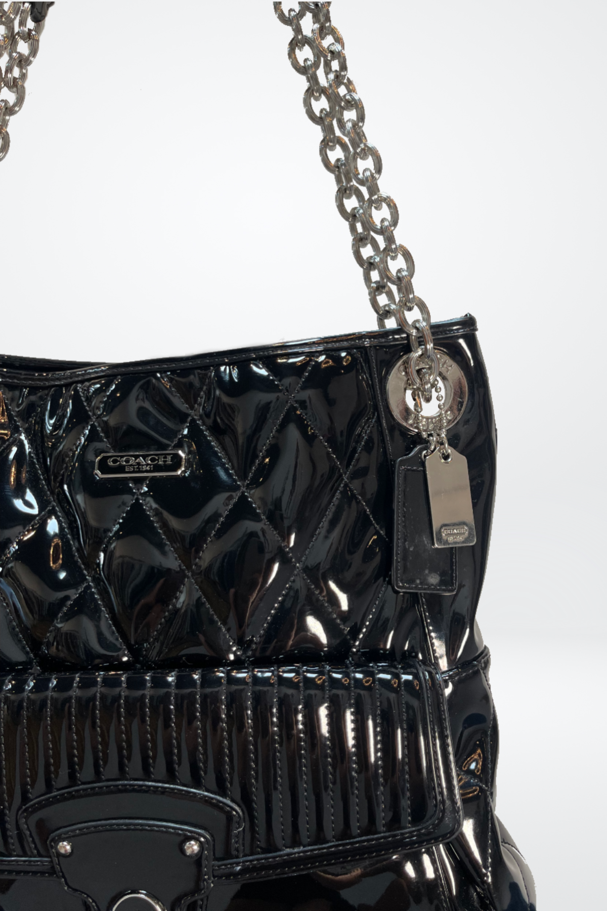 Coach Black Patent Leather Shoulder Bag, Front Pouch w Buckle