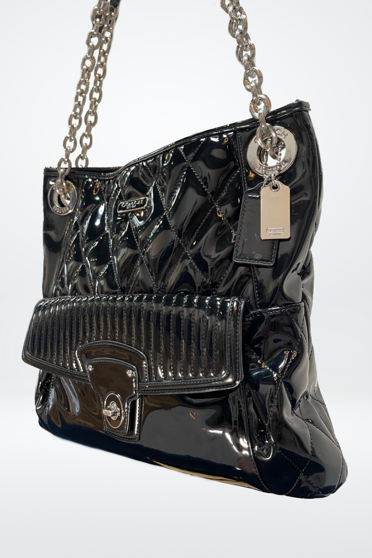 Coach Black Patent Leather Shoulder Bag, Front Pouch w Buckle
