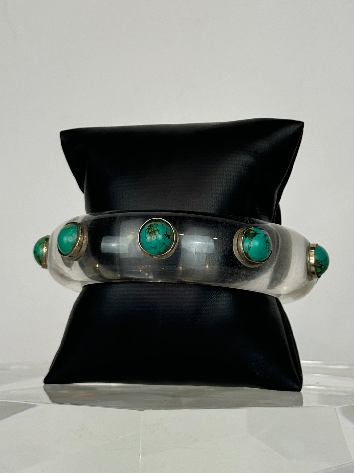 Handcrafted Clear Thick Bangle w Turquoise Stones