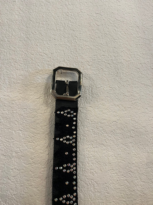 Melamed Black Leather Silver Square Buckle Belt w Lace & Rhinestones