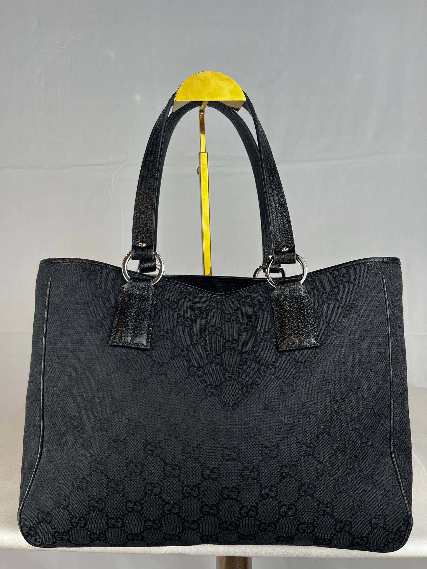 Gucci Black GG Monogram Leather Trim Tote Bag